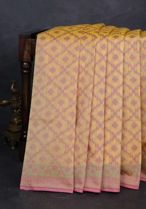 Banarasi Cotton Saree Yellow With Allover Thread Weaves And Woven Border With Traditional Woven Design For Women