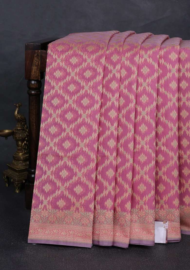 Banarasi Cotton Saree Mauve Pink With Allover Thread Weaves And Woven Border With Traditional Woven Design For Women - Indya