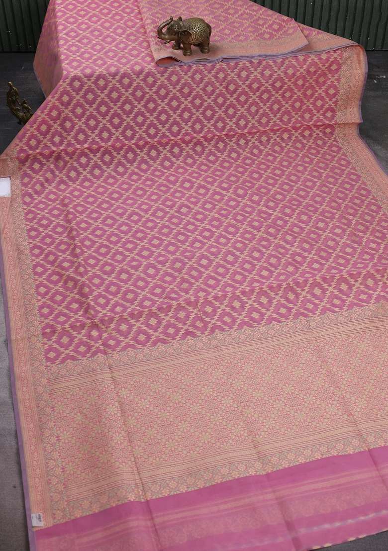 Banarasi Cotton Saree Mauve Pink With Allover Thread Weaves And Woven Border With Traditional Woven Design For Women - Indya