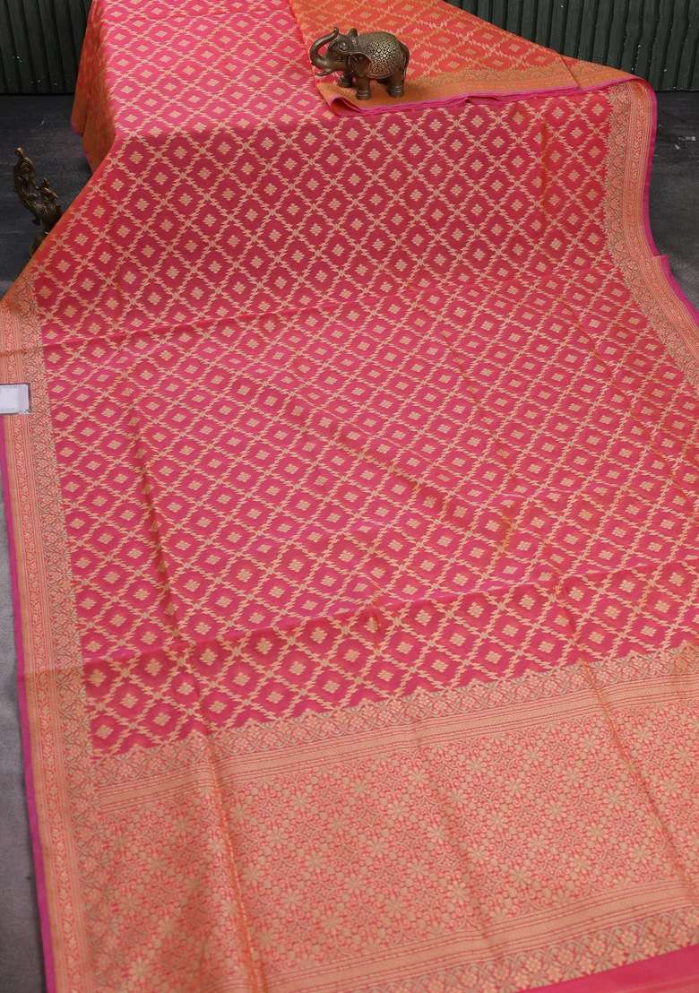 Banarasi Cotton Saree Dual Shade Of Pinkish Orange With Allover Thread Weaves And Woven Border With Traditional Woven Design For Women - Indya