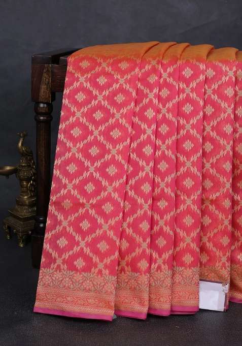 Banarasi Cotton Saree Dual Shade Of Pinkish Orange With Allover Thread Weaves And Woven Border With Traditional Woven Design For Women