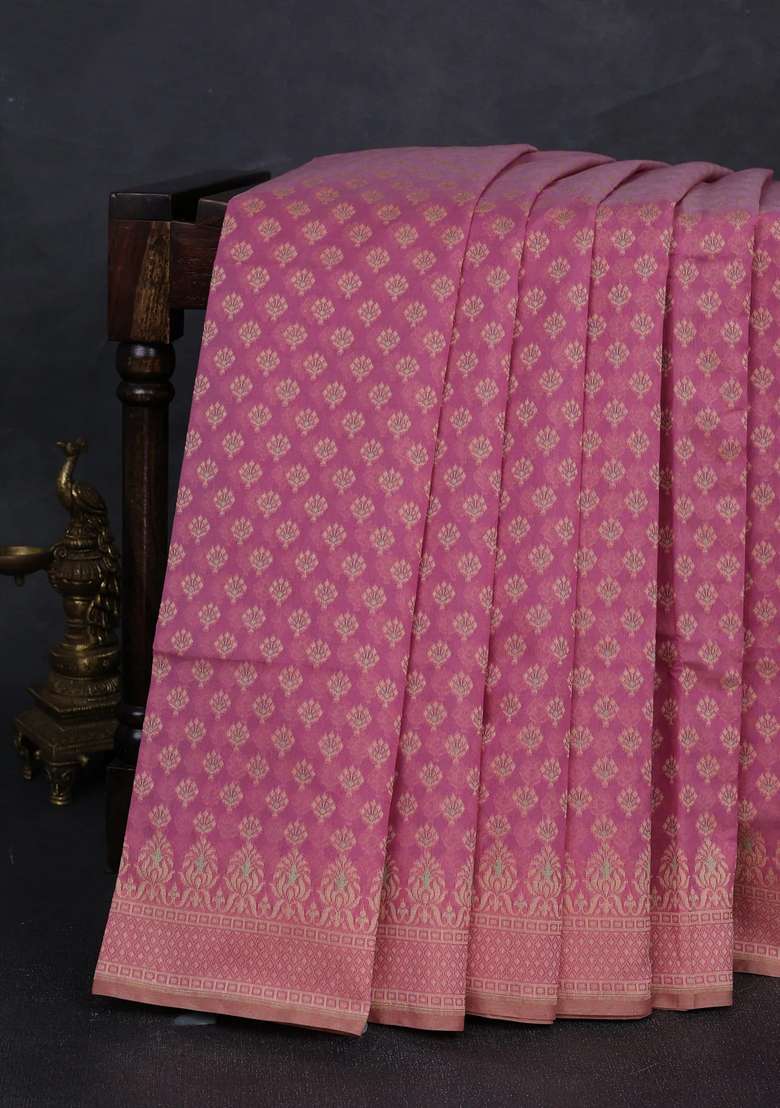Banarasi Cotton Saree Pink Shade With Allover Thread Woven Butta Weaves And Woven Border With Buttas And Brocade Design For Women - Indya