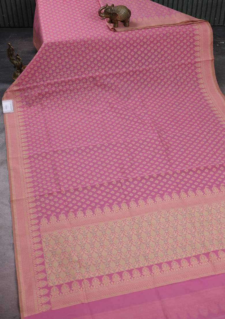 Banarasi Cotton Saree Pink Shade With Allover Thread Woven Butta Weaves And Woven Border With Buttas And Brocade Design For Women - Indya
