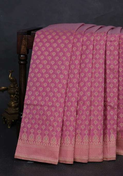 Banarasi Cotton Saree Pink Shade With Allover Thread Woven Butta Weaves And Woven Border With Buttas And Brocade Design For Women