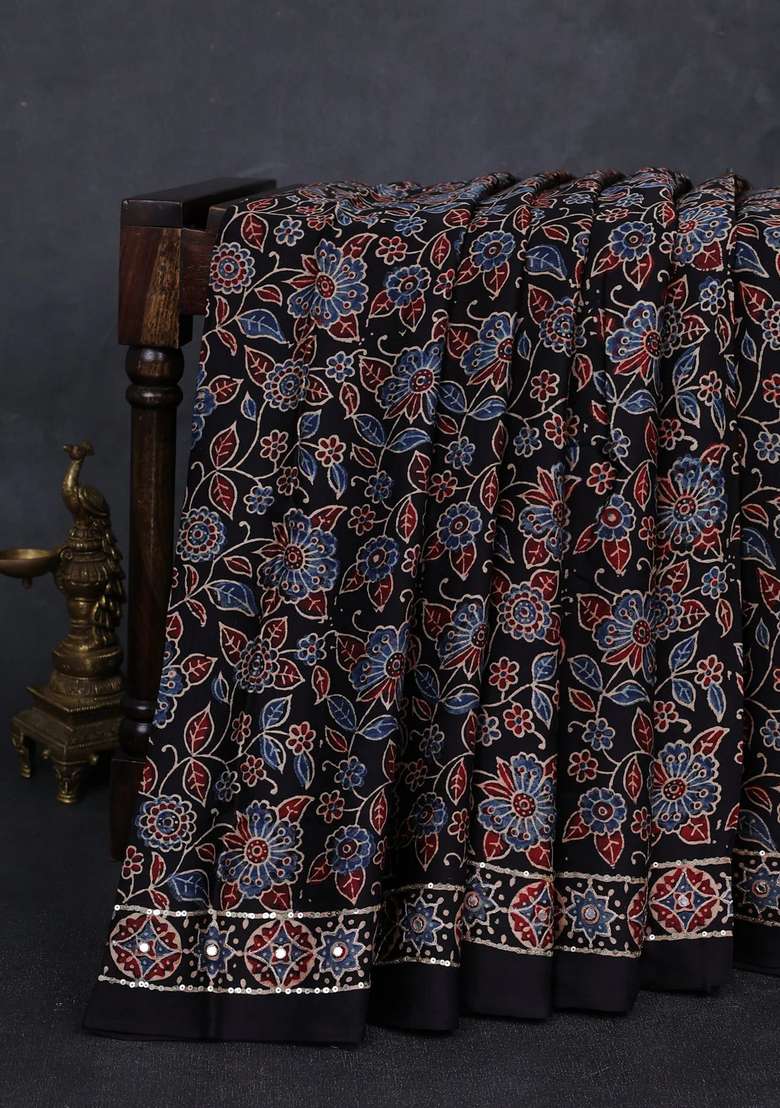 Modal Silk Saree Black With Allover Ajrakh Prints And Mirror Sequin Embroidery Pallu With Embroidered Design For Women - Indya