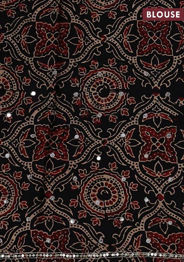 Modal Silk Saree Black With Allover Ajrakh Prints And Mirror Sequin Embroidery Pallu With Embroidered Design For Women - Indya