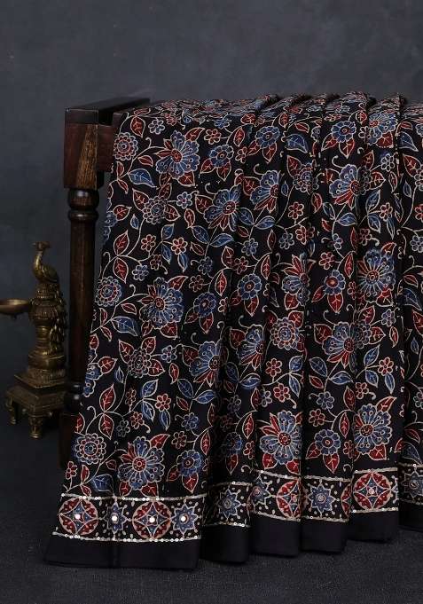 Modal Silk Saree Black With Allover Ajrakh Prints And Mirror Sequin Embroidery Pallu With Embroidered Design For Women