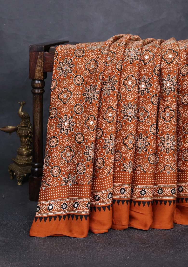 Modal Silk Saree Dark Mustard With Allover Ajrakh Prints And Mirror Sequin Embroidery Pallu With Embroidered Design For Women - Indya