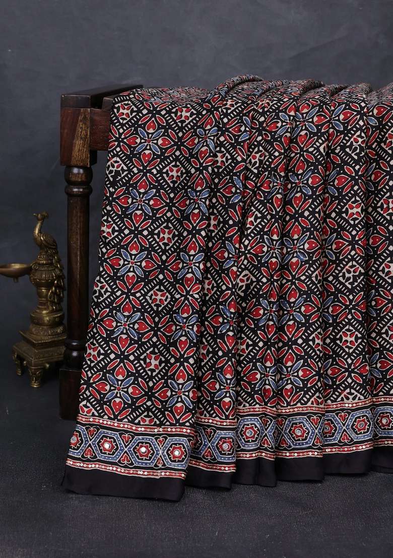 Modal Silk Saree Black With Allover Ajrakh Prints And Mirror Sequin Embroidery Pallu With Embroidered Design For Women - Indya