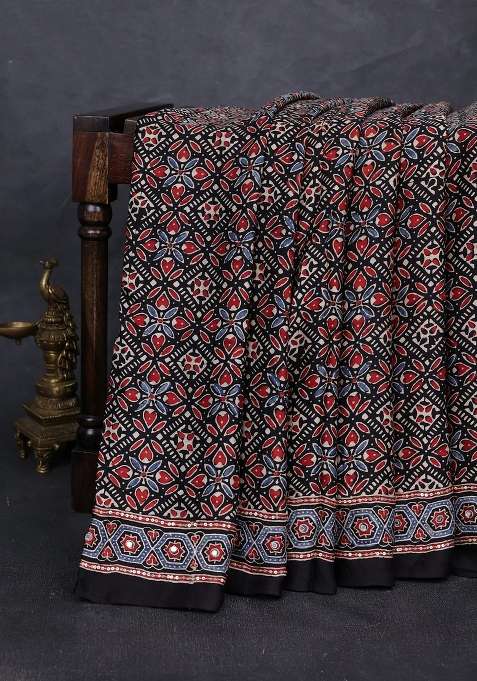 Modal Silk Saree Black With Allover Ajrakh Prints And Mirror Sequin Embroidery Pallu With Embroidered Design For Women