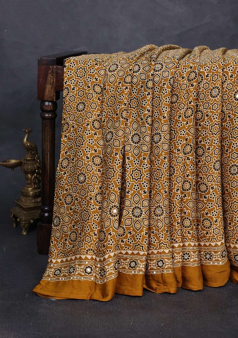 Modal Silk Saree Dark Mustard With Allover Ajrakh Prints And Mirror Sequin Embroidery Pallu With Embroidered Design For Women - Indya
