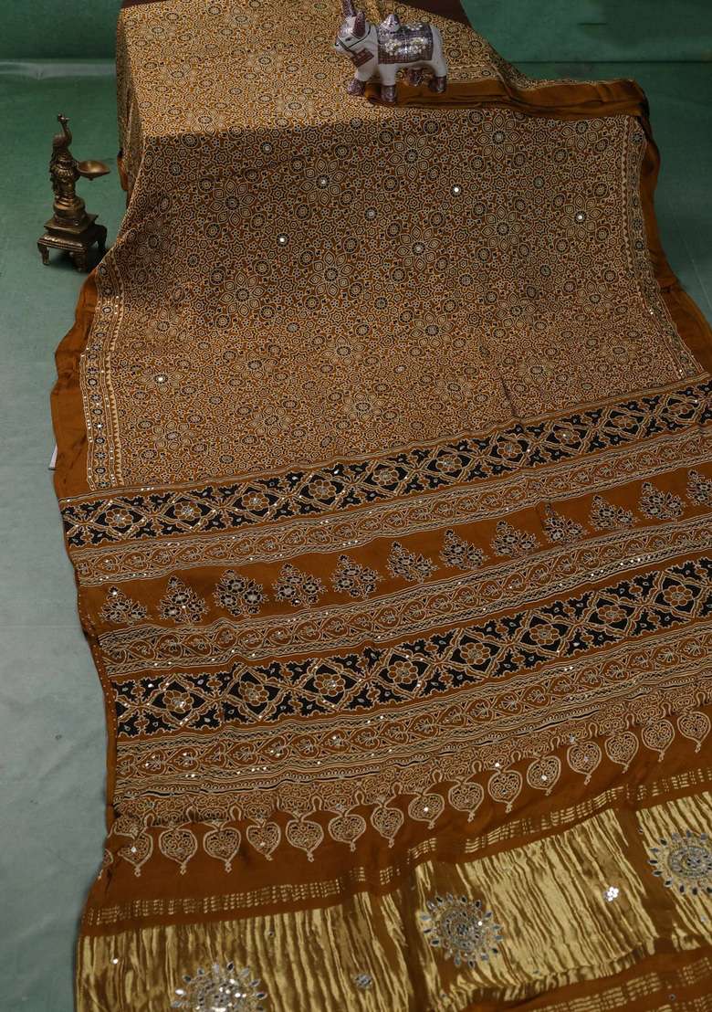 Modal Silk Saree Dark Mustard With Allover Ajrakh Prints And Mirror Sequin Embroidery Pallu With Embroidered Design For Women - Indya