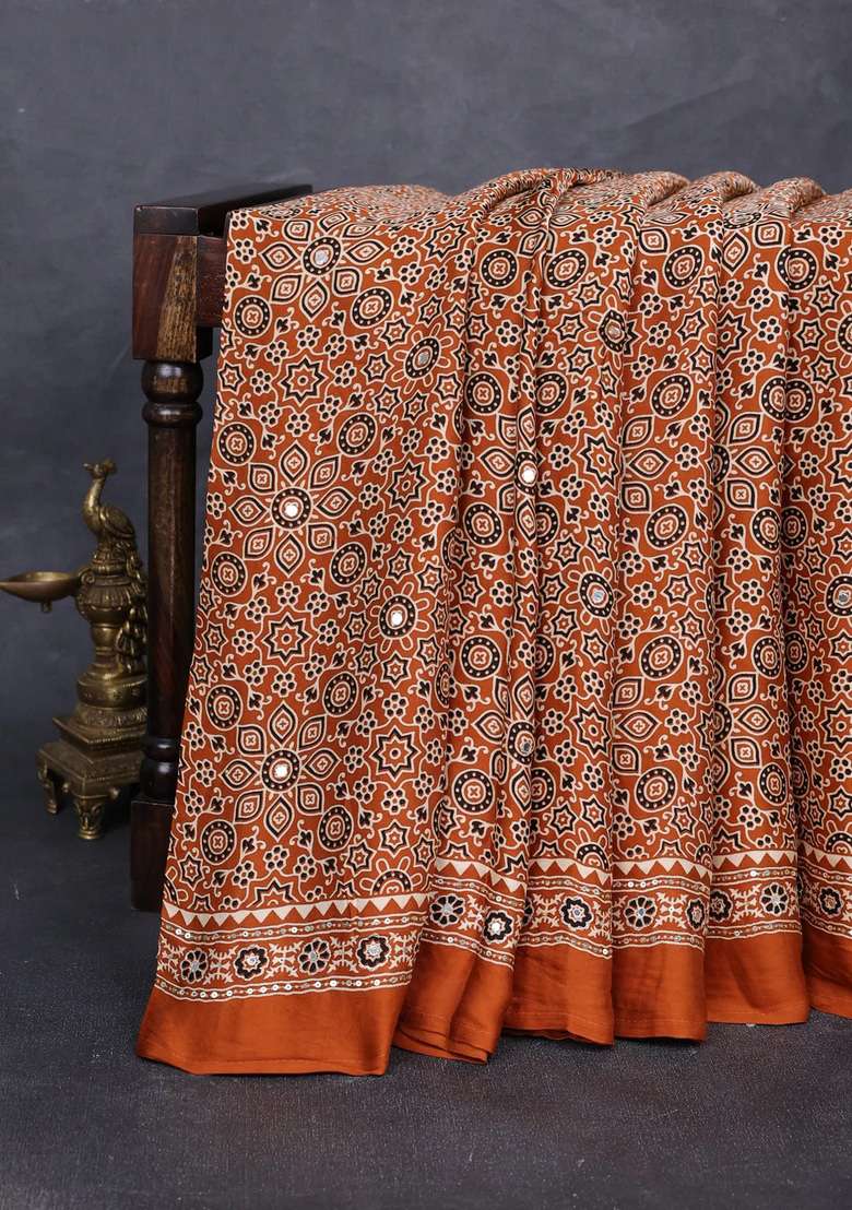 Modal Silk Saree Dark Mustard With Allover Ajrakh Prints And Mirror Sequin Embroidery Pallu With Embroidered Design For Women - Indya
