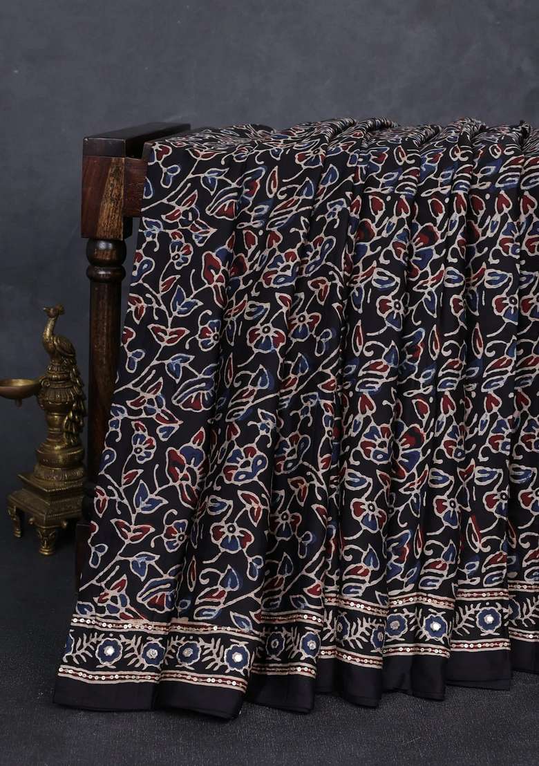 Modal Silk Saree Black With Allover Ajrakh Prints And Mirror Sequin Embroidery Pallu With Embroidered Design For Women - Indya