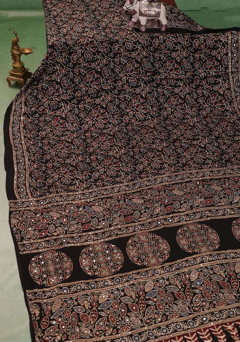 Modal Silk Saree Black With Allover Ajrakh Prints And Mirror Sequin Embroidery Pallu With Embroidered Design For Women - Indya