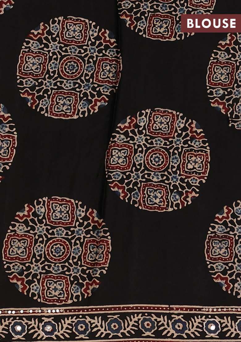 Modal Silk Saree Black With Allover Ajrakh Prints And Mirror Sequin Embroidery Pallu With Embroidered Design For Women - Indya