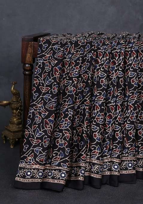 Modal Silk Saree Black With Allover Ajrakh Prints And Mirror Sequin Embroidery Pallu With Embroidered Design For Women