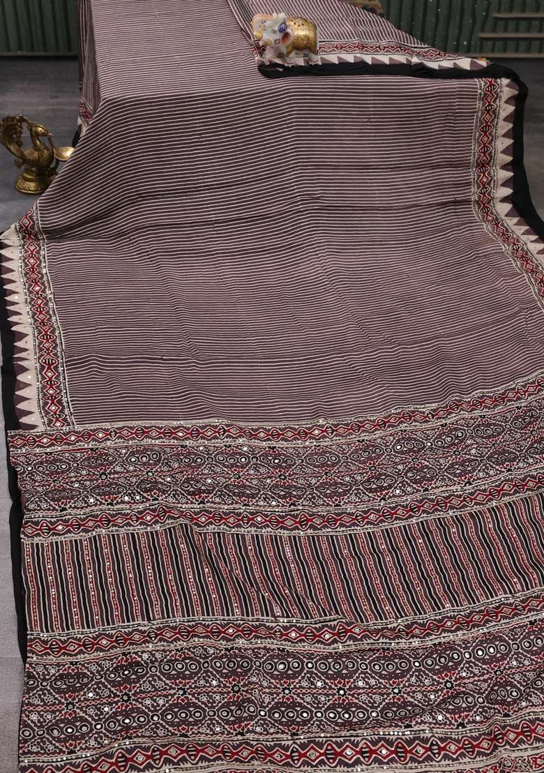 Modal Silk Saree Brown With Allover Stripe Prints And Ajrakh Prints Mirror Sequin Embroidery Pallu With Embroidered Design For Women - Indya