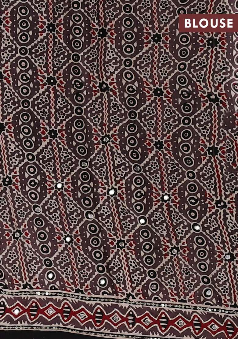 Modal Silk Saree Brown With Allover Stripe Prints And Ajrakh Prints Mirror Sequin Embroidery Pallu With Embroidered Design For Women - Indya