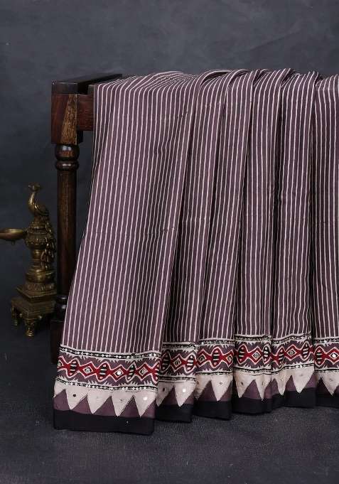 Modal Silk Saree Brown With Allover Stripe Prints And Ajrakh Prints Mirror Sequin Embroidery Pallu With Embroidered Design For Women