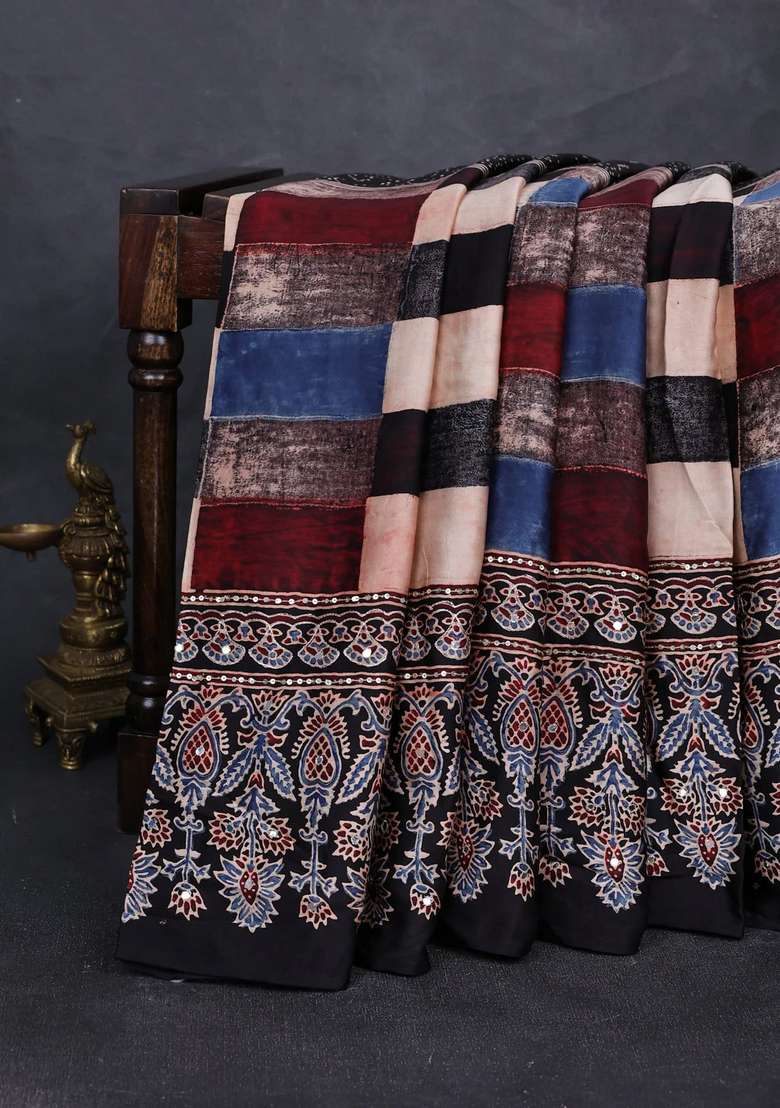 Modal Silk Saree Black With Allover Geometric Prints And Ajrakh Prints Mirror Sequin Embroidery Pallu With Embroidered Design For Women - Indya