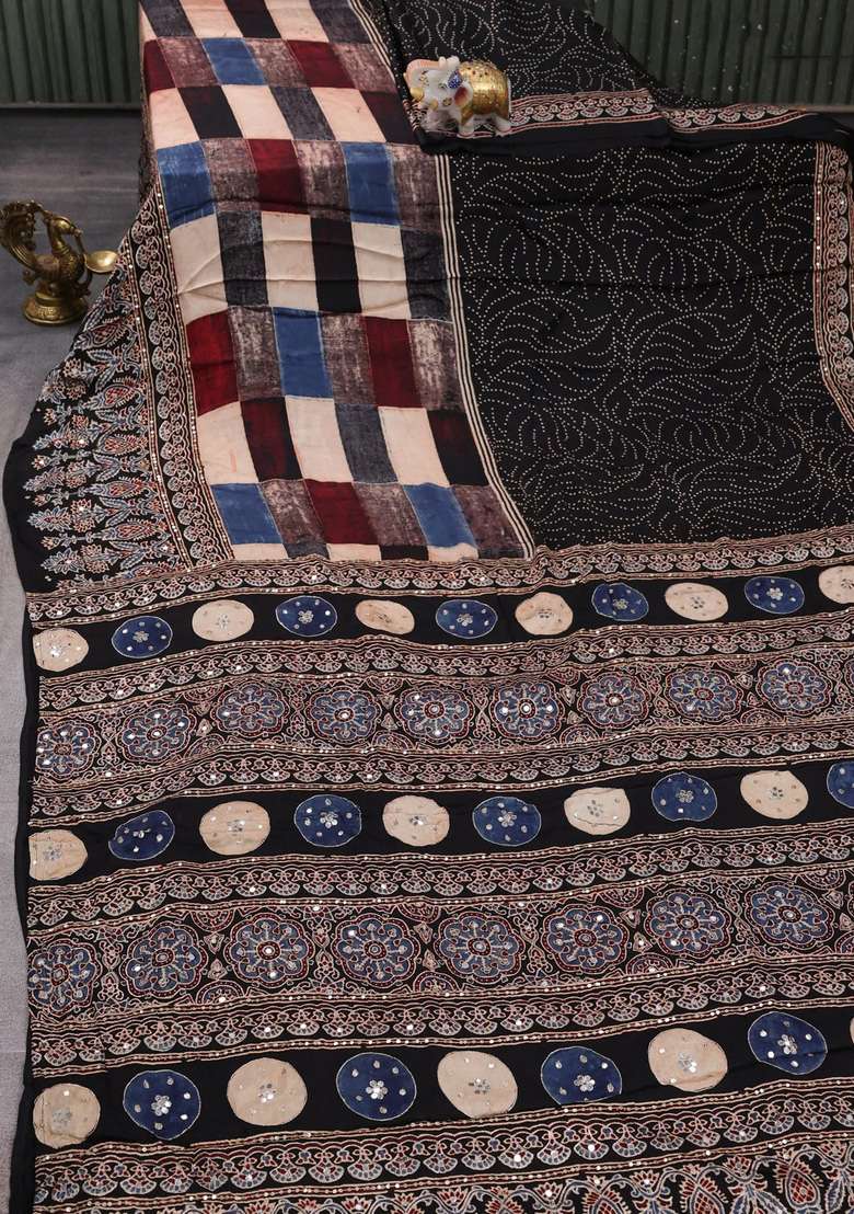 Modal Silk Saree Black With Allover Geometric Prints And Ajrakh Prints Mirror Sequin Embroidery Pallu With Embroidered Design For Women - Indya