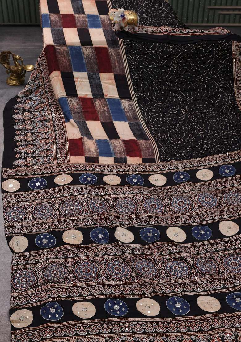 Modal Silk Saree Black With Allover Geometric Prints And Ajrakh Prints Mirror Sequin Embroidery Pallu With Embroidered Design For Women - Indya