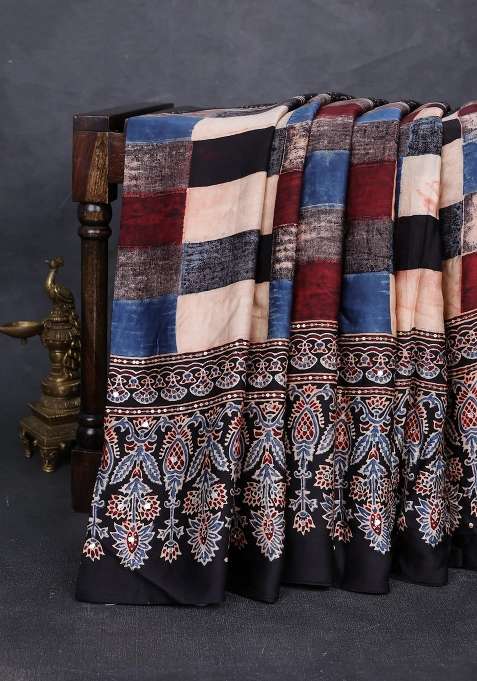 Modal Silk Saree Black With Allover Geometric Prints And Ajrakh Prints Mirror Sequin Embroidery Pallu With Embroidered Design For Women