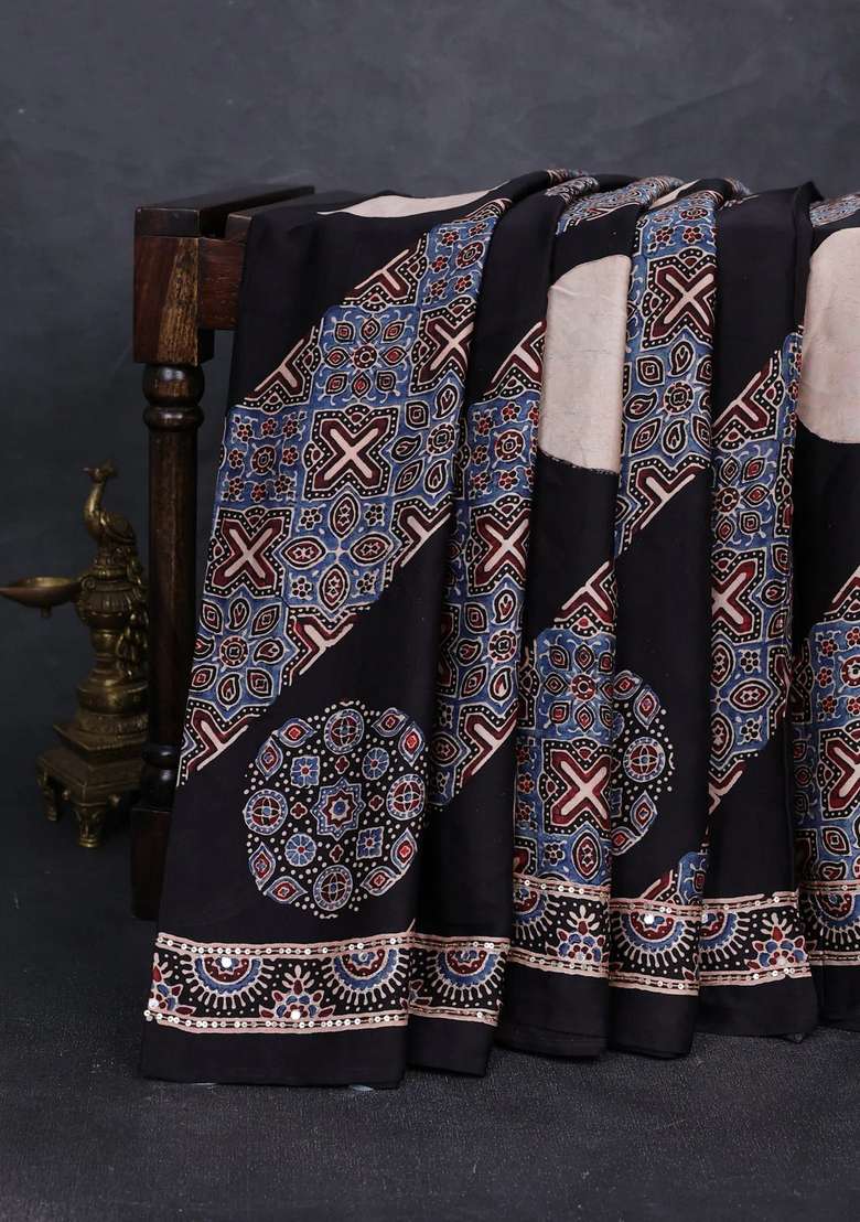 Modal Silk Saree Black With Ajrakh Prints And Mirror Sequin Embroidery Pallu With Embroidered Design For Women - Indya