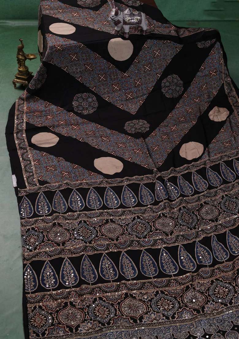 Modal Silk Saree Black With Ajrakh Prints And Mirror Sequin Embroidery Pallu With Embroidered Design For Women - Indya