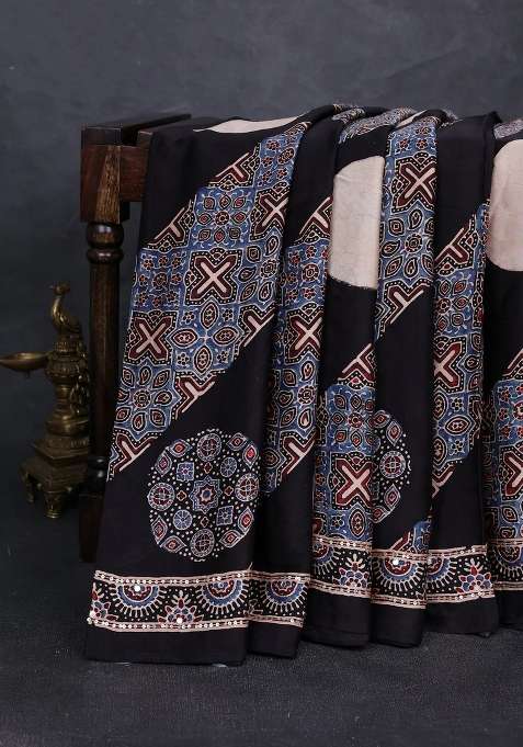 Modal Silk Saree Black With Ajrakh Prints And Mirror Sequin Embroidery Pallu With Embroidered Design For Women