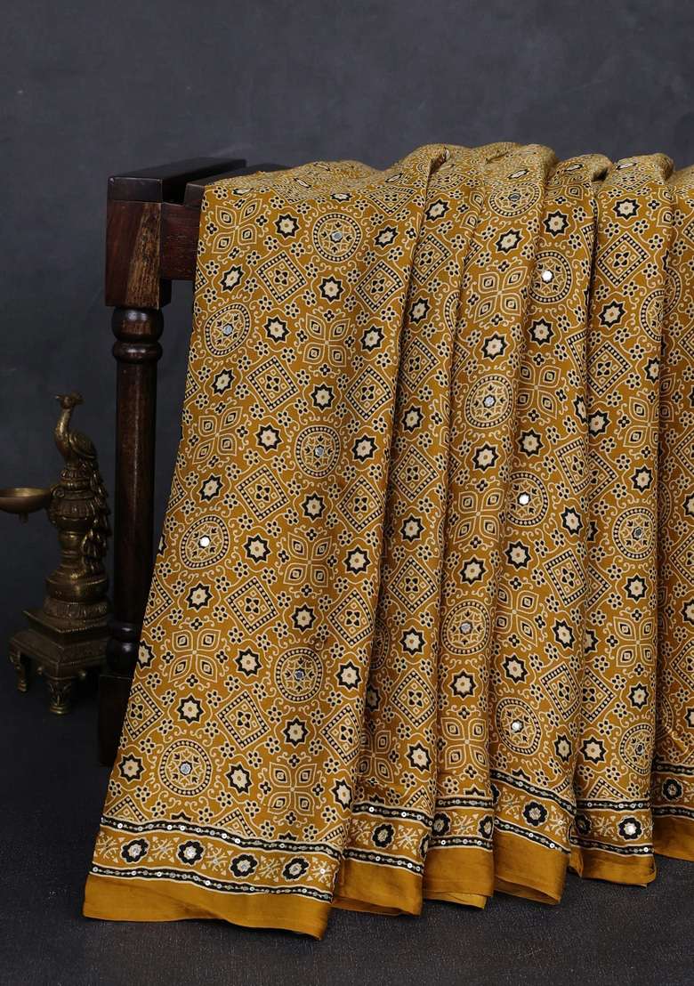 Modal Silk Saree Mustard Yellow With Allover Ajrakh Prints And Mirror Sequin Embroidery Pallu With Embroidered Design For Women - Indya