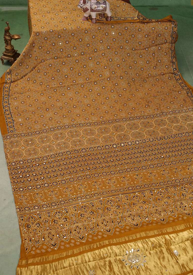 Modal Silk Saree Mustard Yellow With Allover Ajrakh Prints And Mirror Sequin Embroidery Pallu With Embroidered Design For Women - Indya