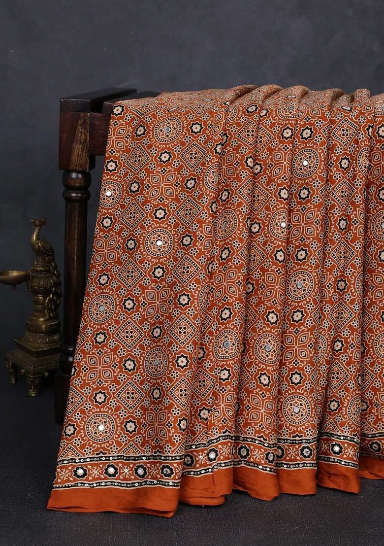 Modal Silk Saree Dark Mustard With Allover Ajrakh Prints And Mirror Sequin Embroidery Pallu With Embroidered Design For Women - Indya