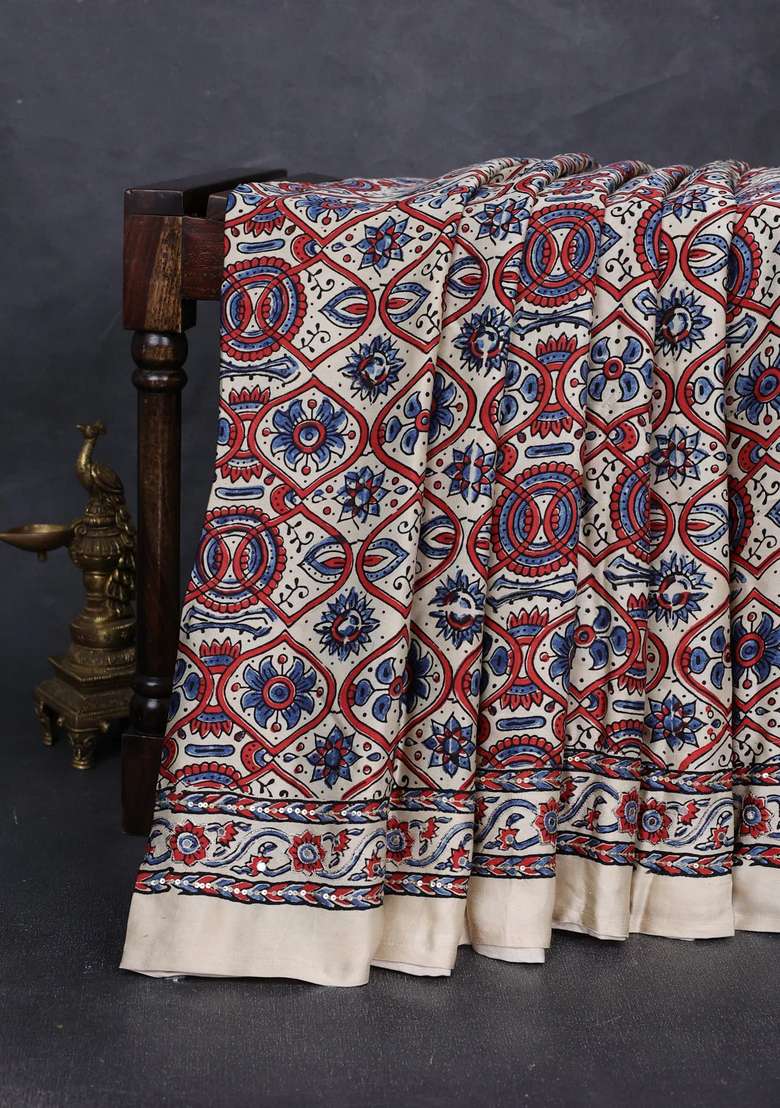 Modal Silk Saree Cream With Allover Ajrakh Prints And Mirror Sequin Embroidery Pallu With Embroidered Design For Women - Indya