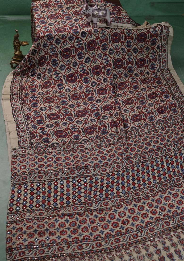 Modal Silk Saree Cream With Allover Ajrakh Prints And Mirror Sequin Embroidery Pallu With Embroidered Design For Women - Indya