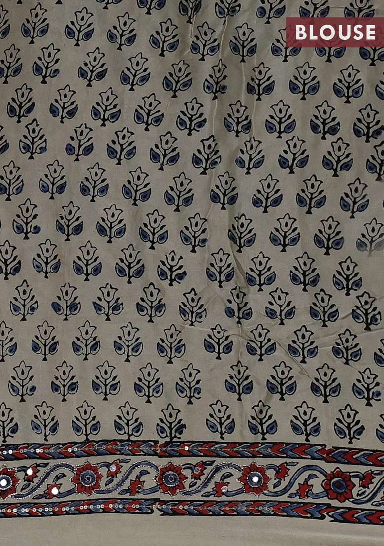 Modal Silk Saree Cream With Allover Ajrakh Prints And Mirror Sequin Embroidery Pallu With Embroidered Design For Women - Indya