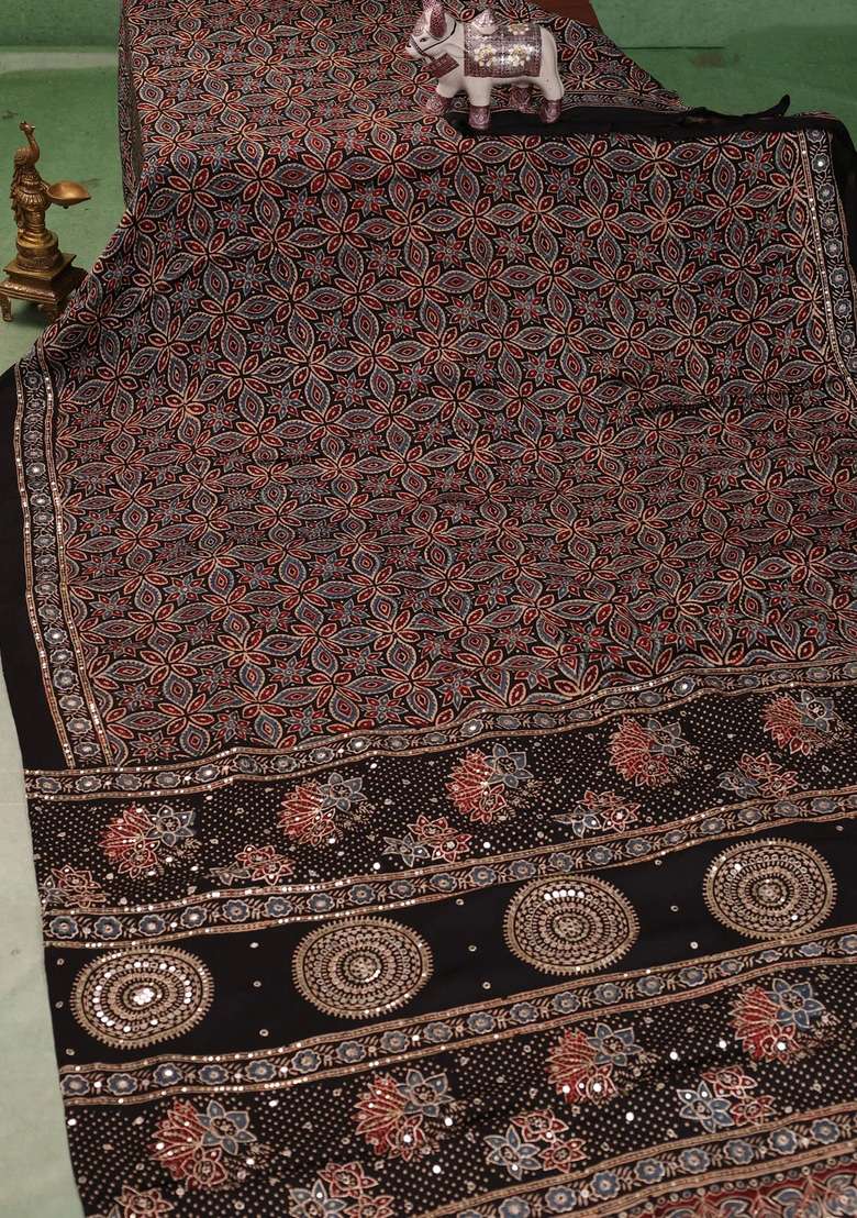 Modal Silk Saree Black With Allover Ajrakh Prints And Mirror Sequin Embroidery Pallu With Embroidered Design For Women - Indya