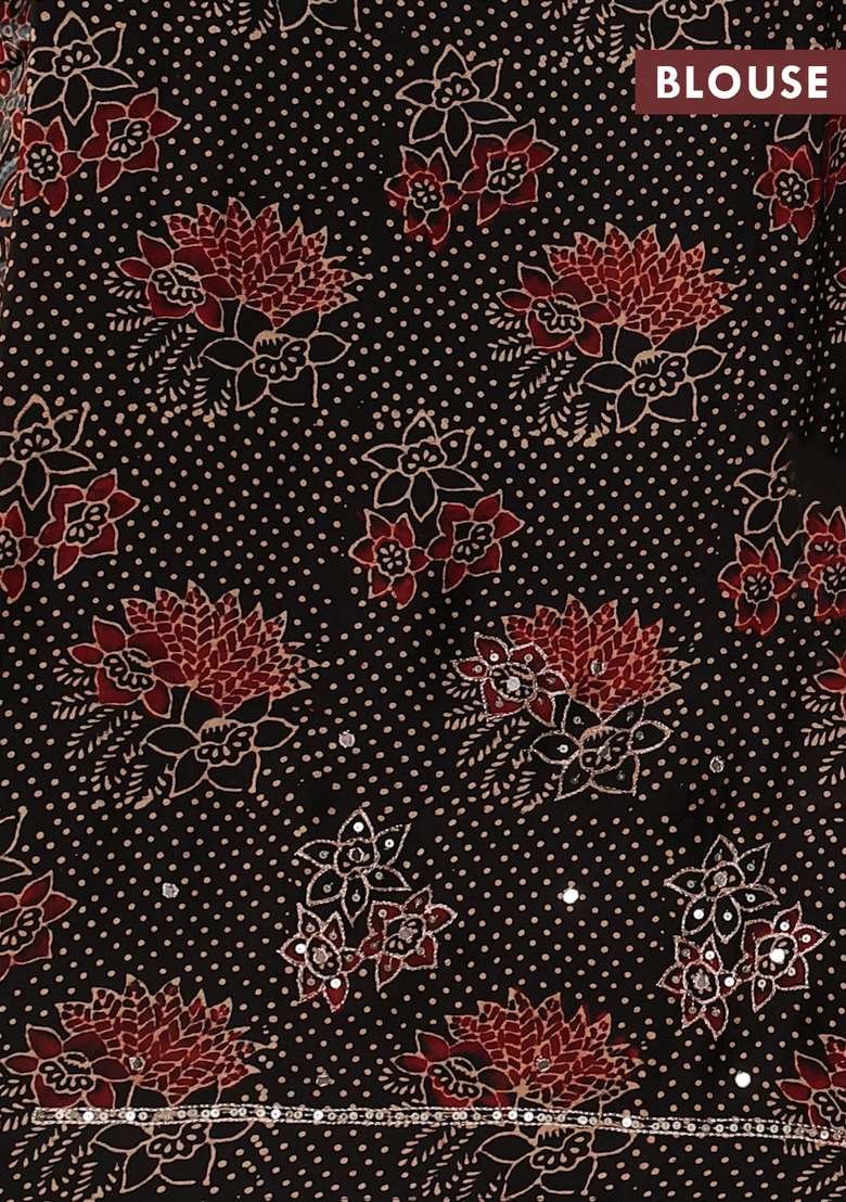 Modal Silk Saree Black With Allover Ajrakh Prints And Mirror Sequin Embroidery Pallu With Embroidered Design For Women - Indya