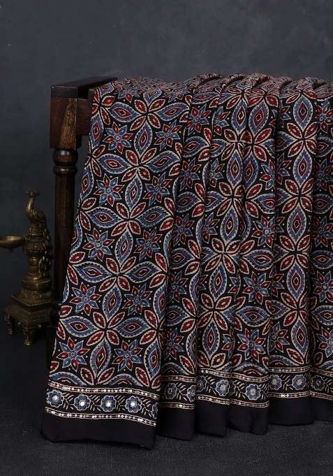 Modal Silk Saree Black With Allover Ajrakh Prints And Mirror Sequin Embroidery Pallu With Embroidered Design For Women