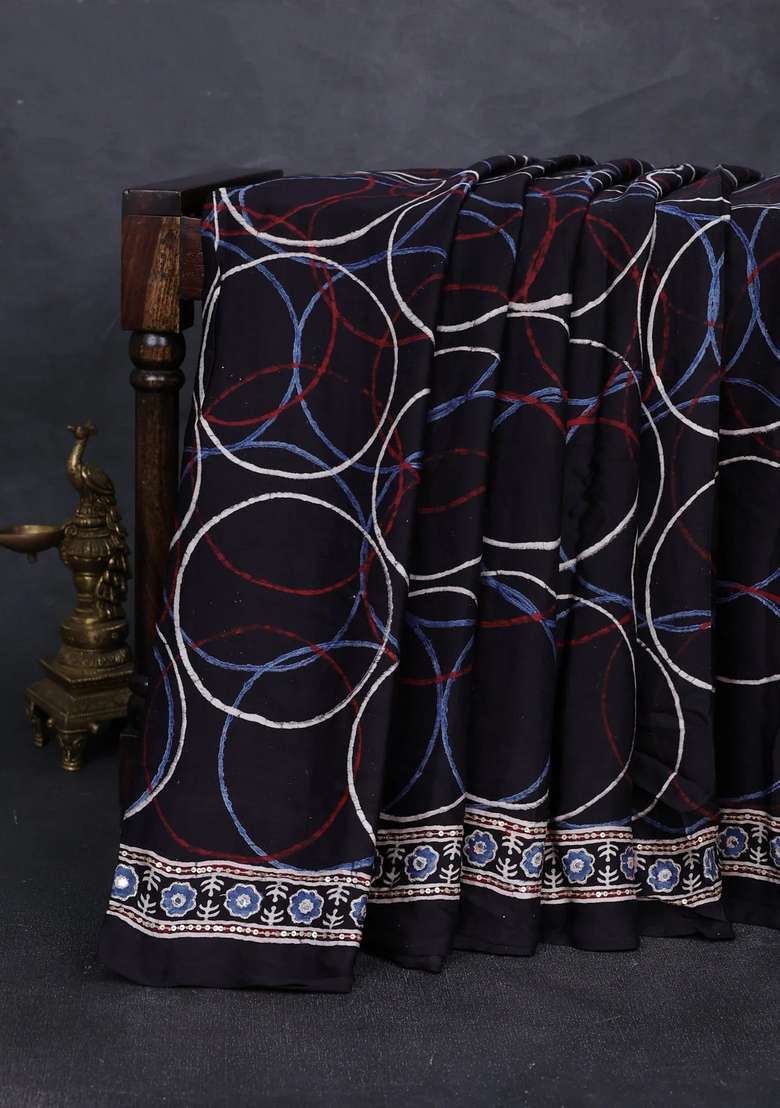 Modal Silk Saree Black With Allover Geometric Prints And Mirror Sequin Embroidery Pallu With Embroidered Design For Women - Indya