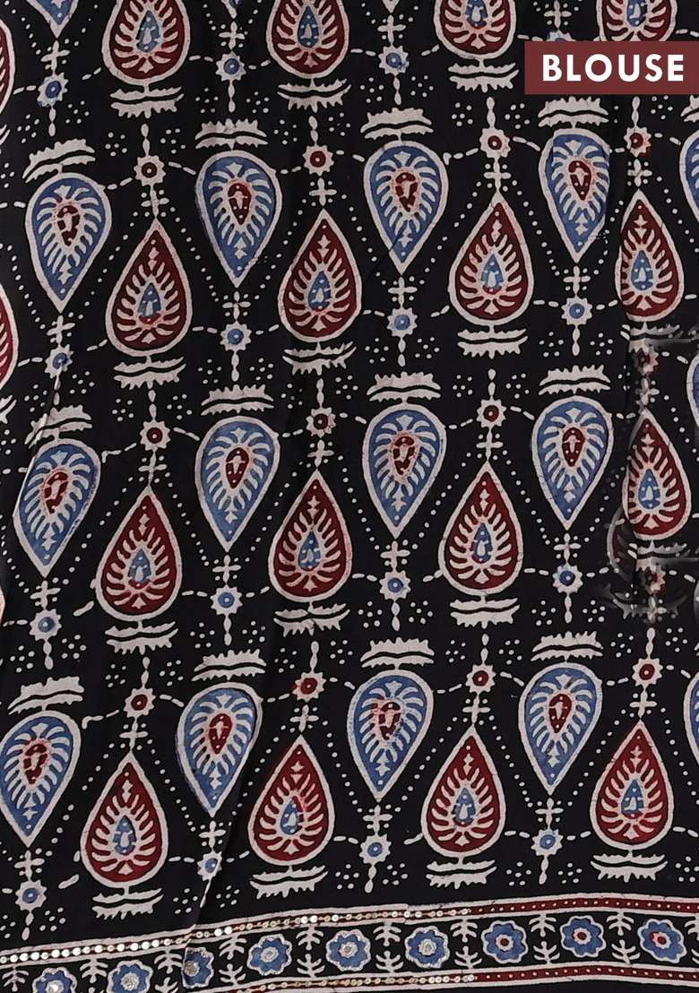Modal Silk Saree Black With Allover Geometric Prints And Mirror Sequin Embroidery Pallu With Embroidered Design For Women - Indya