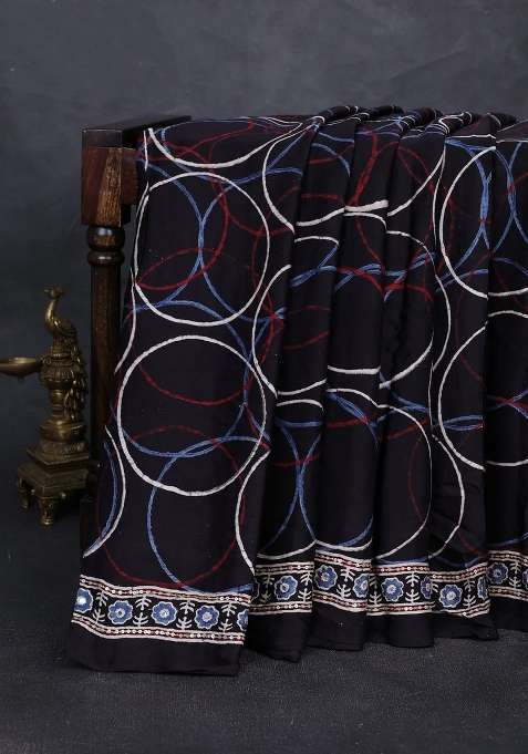 Modal Silk Saree Black With Allover Geometric Prints And Mirror Sequin Embroidery Pallu With Embroidered Design For Women