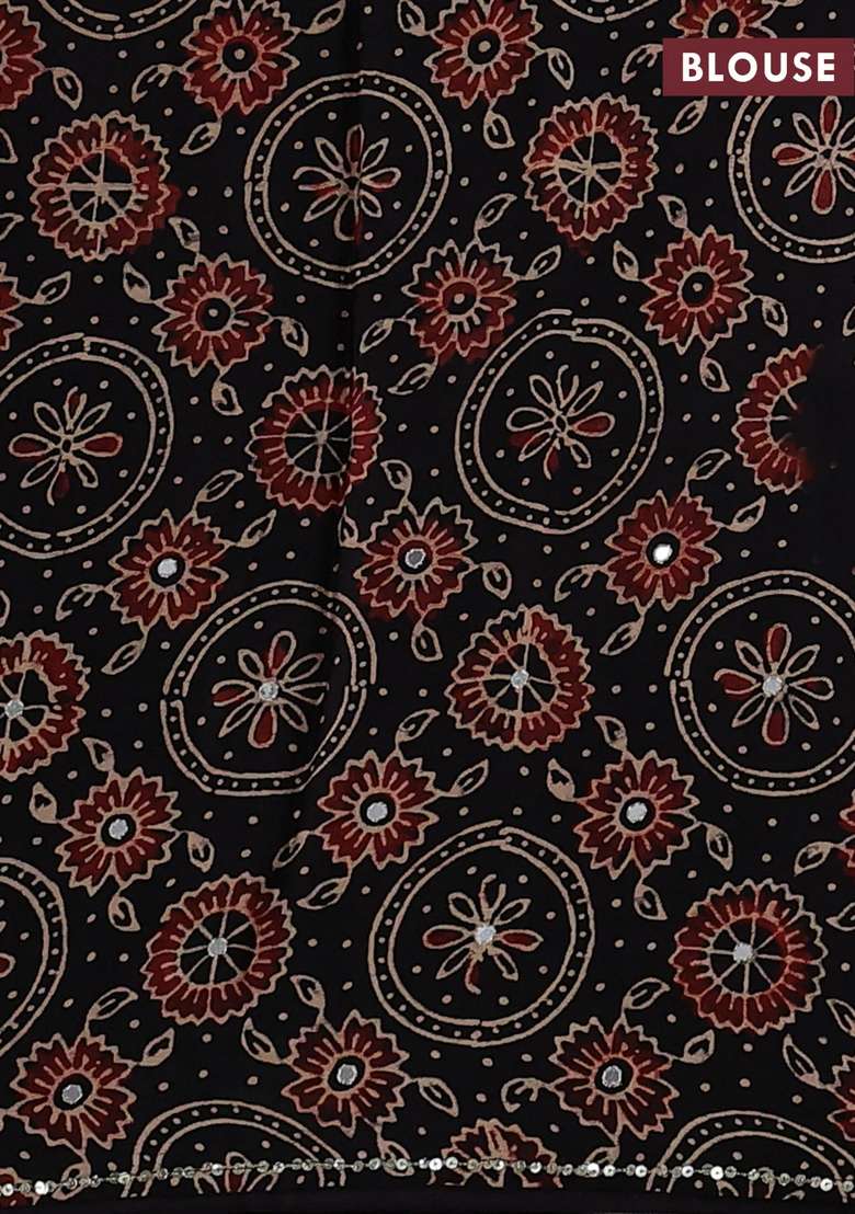 Modal Silk Saree Black With Allover Ajrakh Prints And Mirror Sequin Embroidery Pallu With Embroidered Design For Women - Indya