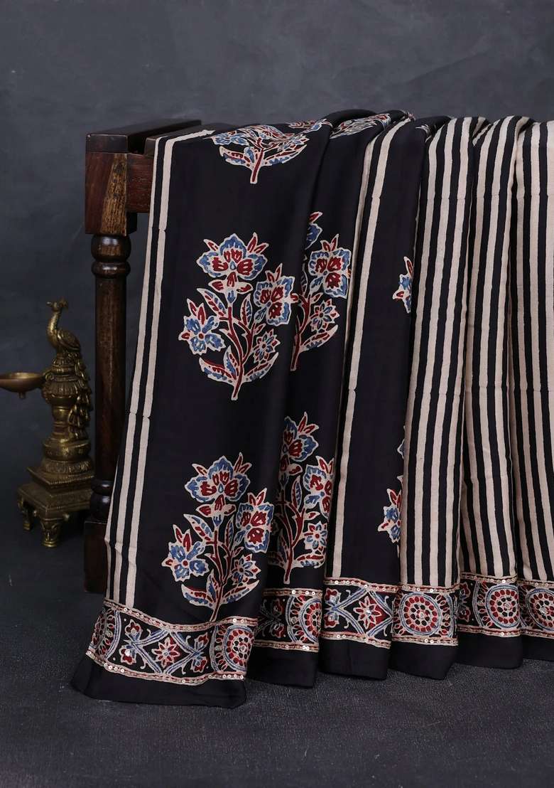 Modal Silk Saree Black With Ajrakh Butta Prints And Mirror Sequin Embroidery Pallu With Embroidered Design For Women - Indya