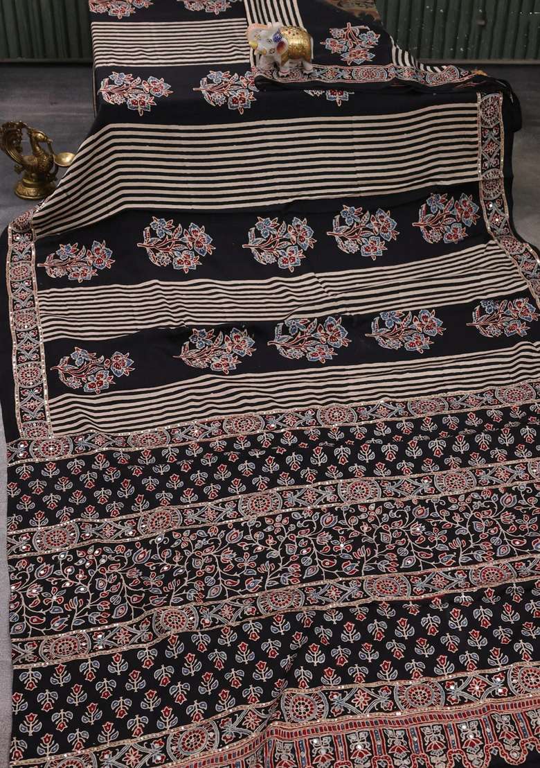 Modal Silk Saree Black With Ajrakh Butta Prints And Mirror Sequin Embroidery Pallu With Embroidered Design For Women - Indya