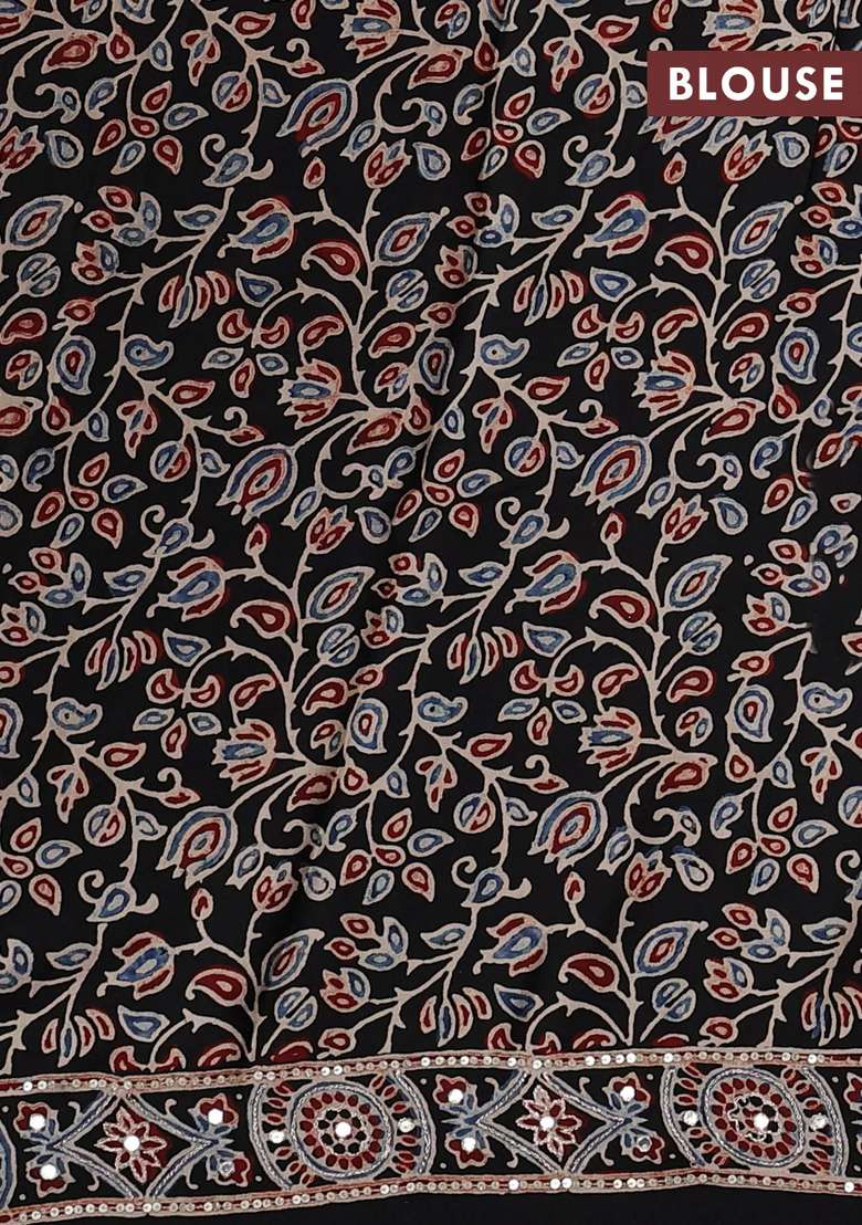 Modal Silk Saree Black With Ajrakh Butta Prints And Mirror Sequin Embroidery Pallu With Embroidered Design For Women - Indya