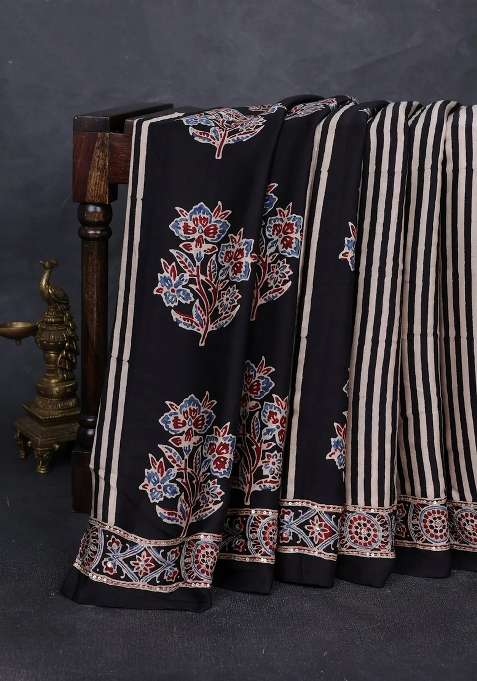 Modal Silk Saree Black With Ajrakh Butta Prints And Mirror Sequin Embroidery Pallu With Embroidered Design For Women