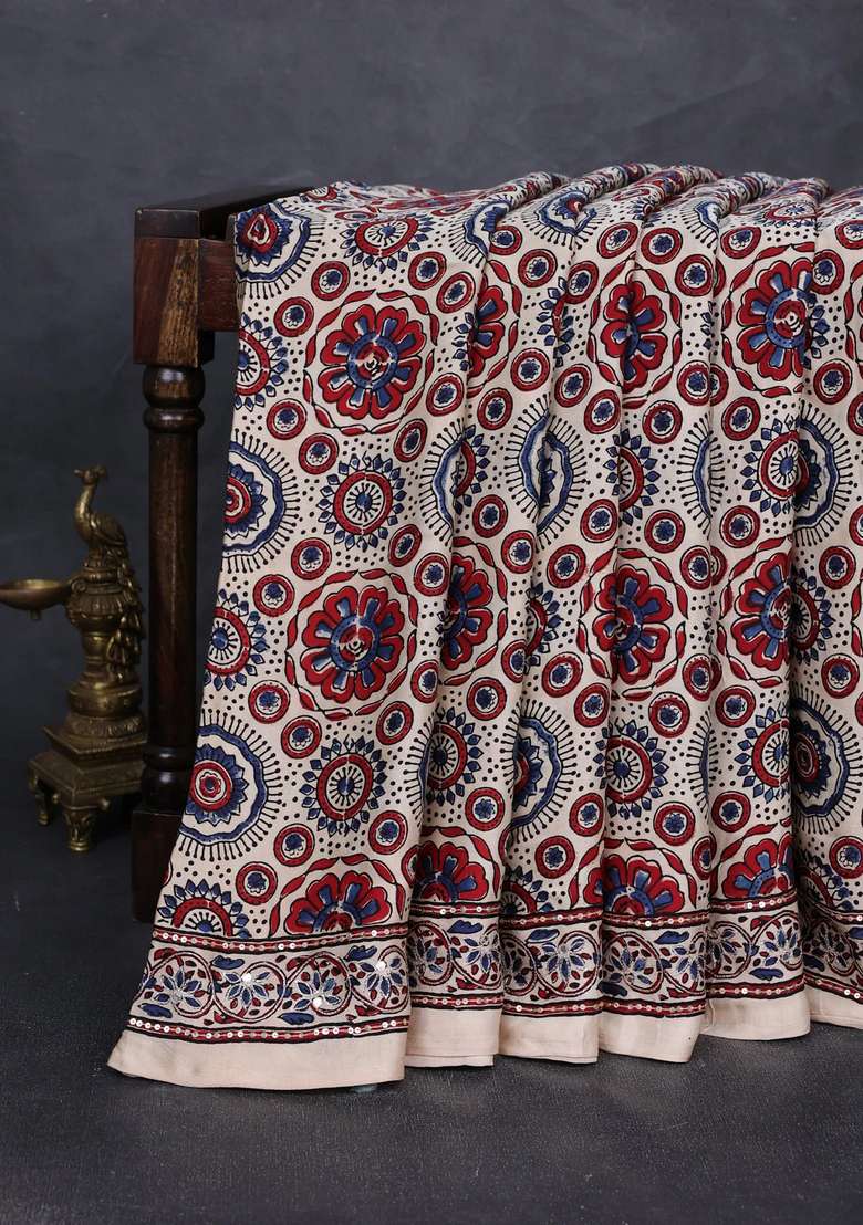 Modal Silk Saree Beige With Allover Ajrakh Prints And Mirror Sequin Embroidery Pallu With Embroidered Design For Women - Indya