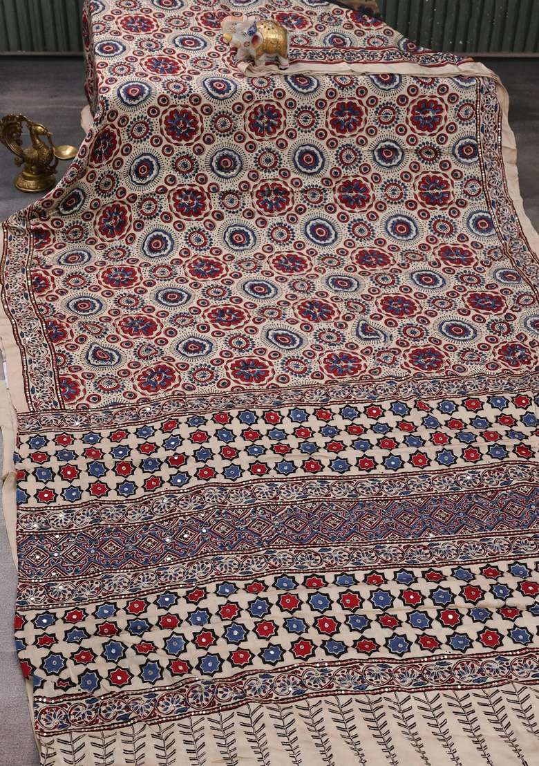 Modal Silk Saree Beige With Allover Ajrakh Prints And Mirror Sequin Embroidery Pallu With Embroidered Design For Women - Indya